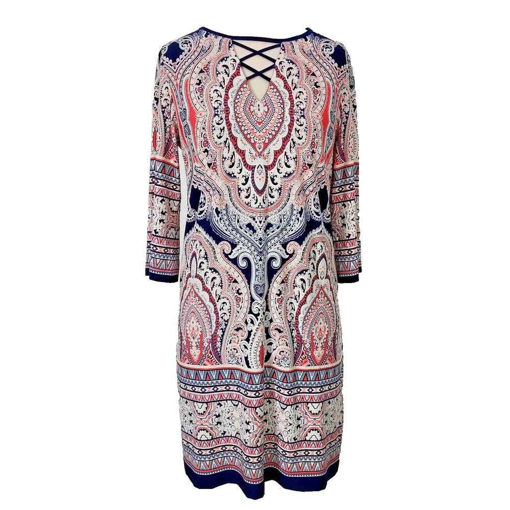 Roz & Ali Dress Pink White Navy Blue 3/4 Sleeve Strappy V-Neck  Womens Size 10
